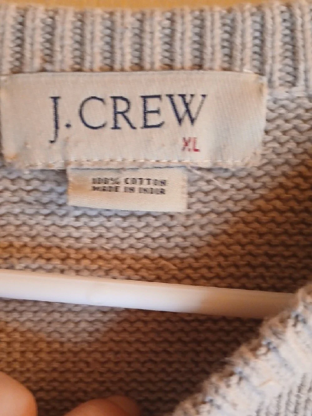 J. Crew Light Beige Crewneck Sweater with Navy Triple‎ Stripes,mens SzXL